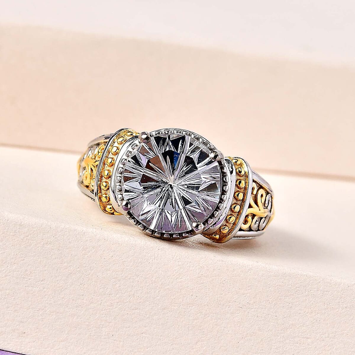 Karis White Crystal Solitaire Ring in 18K YG Plated and Platinum Bond (Size 10) 5.40 ctw image number 1