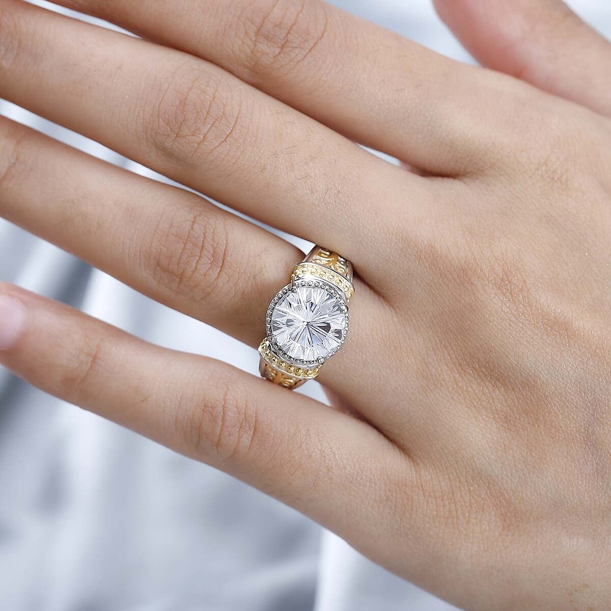 Karis White Crystal Solitaire Ring in 18K YG Plated and Platinum Bond (Size 10) 5.40 ctw image number 2