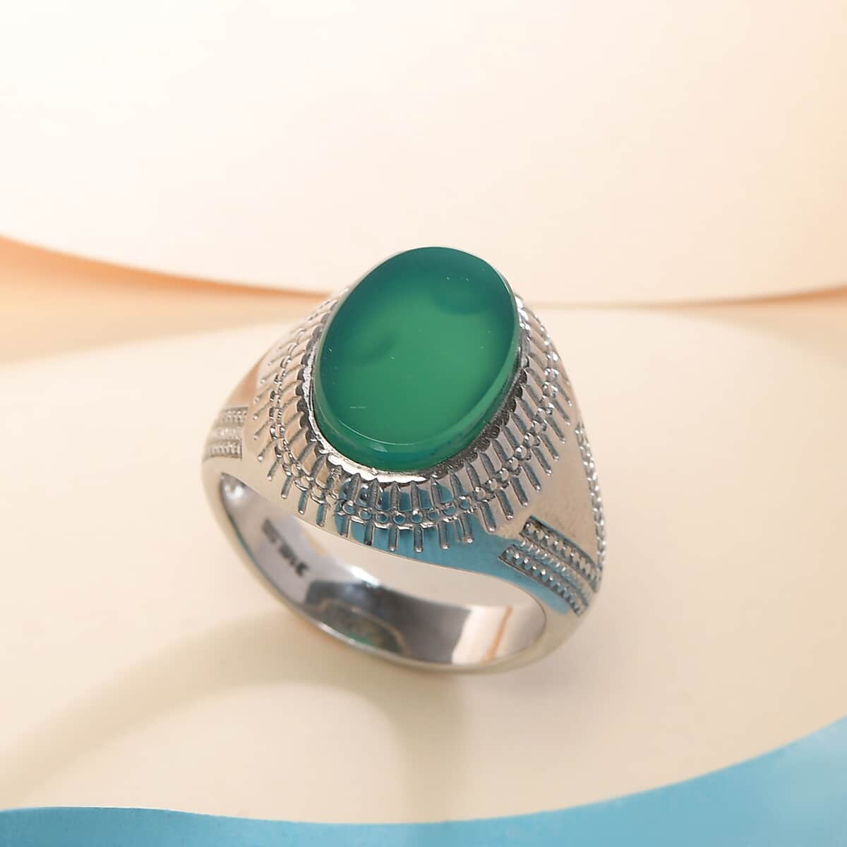 Green Onyx Solitaire Ring in Stainless Steel (Size 11.0) 5.25 ctw image number 1