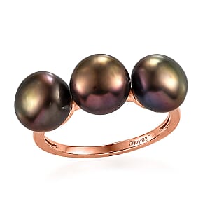Bronze Freshwater Pearl 3 Stone Ring in 14K Rose Gold Over Sterling Silver (Size 7.0)
