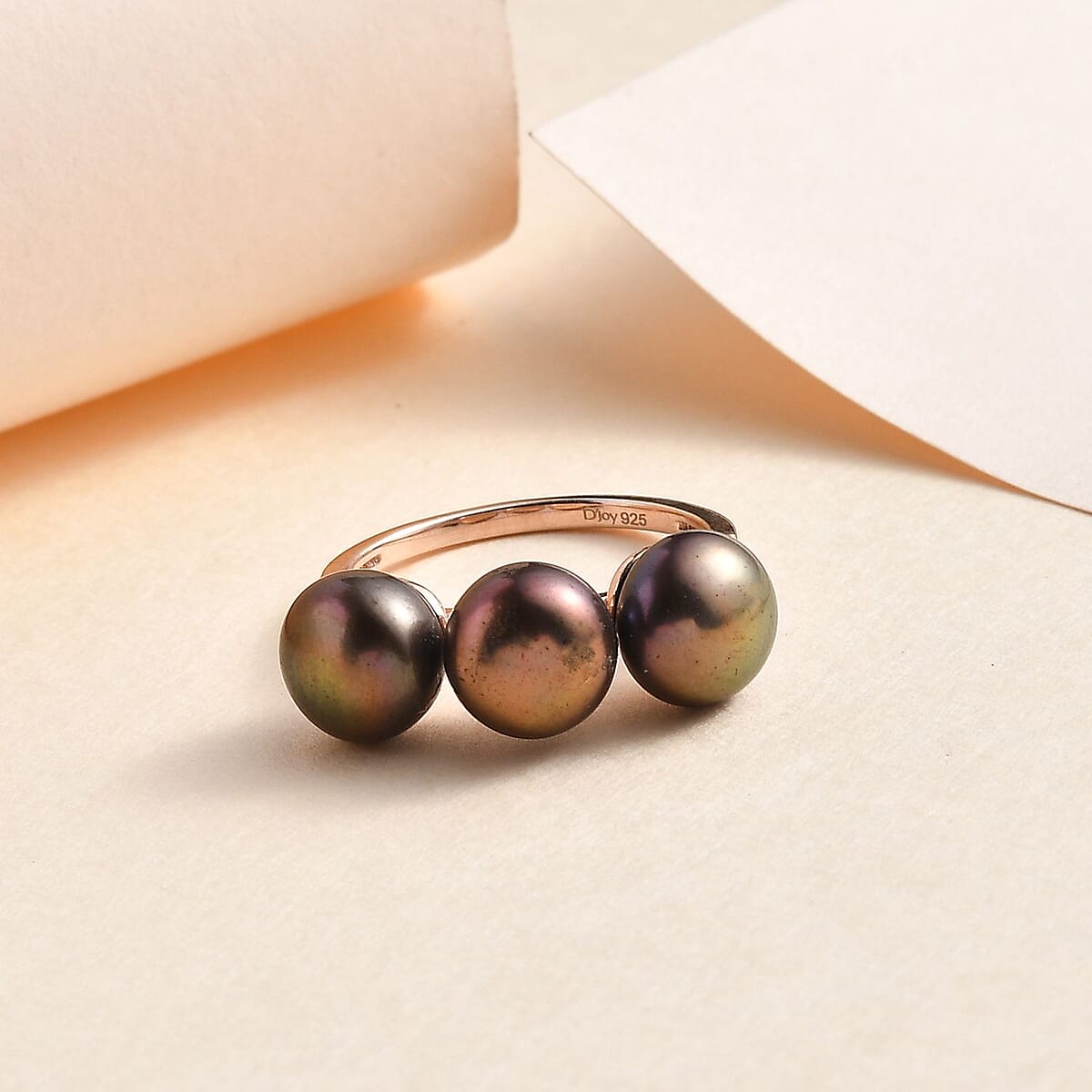 Bronze Freshwater Pearl 3 Stone Ring in 14K Rose Gold Over Sterling Silver (Size 7.0) image number 1