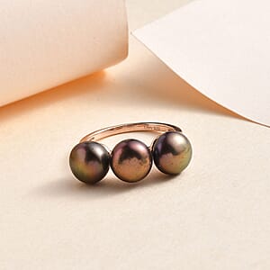 Bronze Freshwater Pearl 3 Stone Ring in 14K Rose Gold Over Sterling Silver (Size 7.0)
