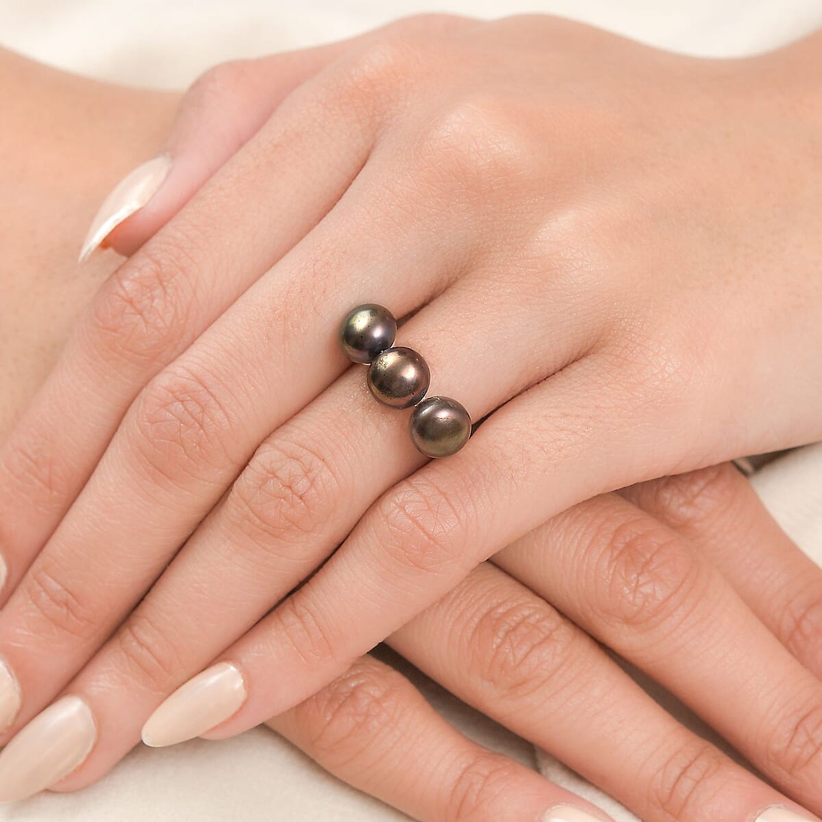 Bronze Freshwater Pearl 3 Stone Ring in 14K Rose Gold Over Sterling Silver (Size 8.0) image number 2