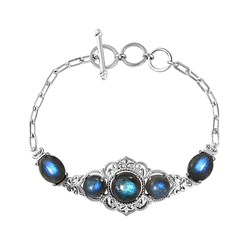Karis Malagasy Labradorite Toggle Clasp Bracelet in Platinum Bond and Stainless Steel (6.50 In) 13.40 ctw