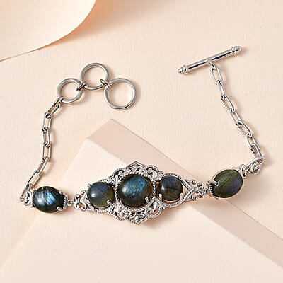 Karis Malagasy Labradorite Toggle Clasp Bracelet in Platinum Bond and Stainless Steel (6.50 In) 13.40 ctw