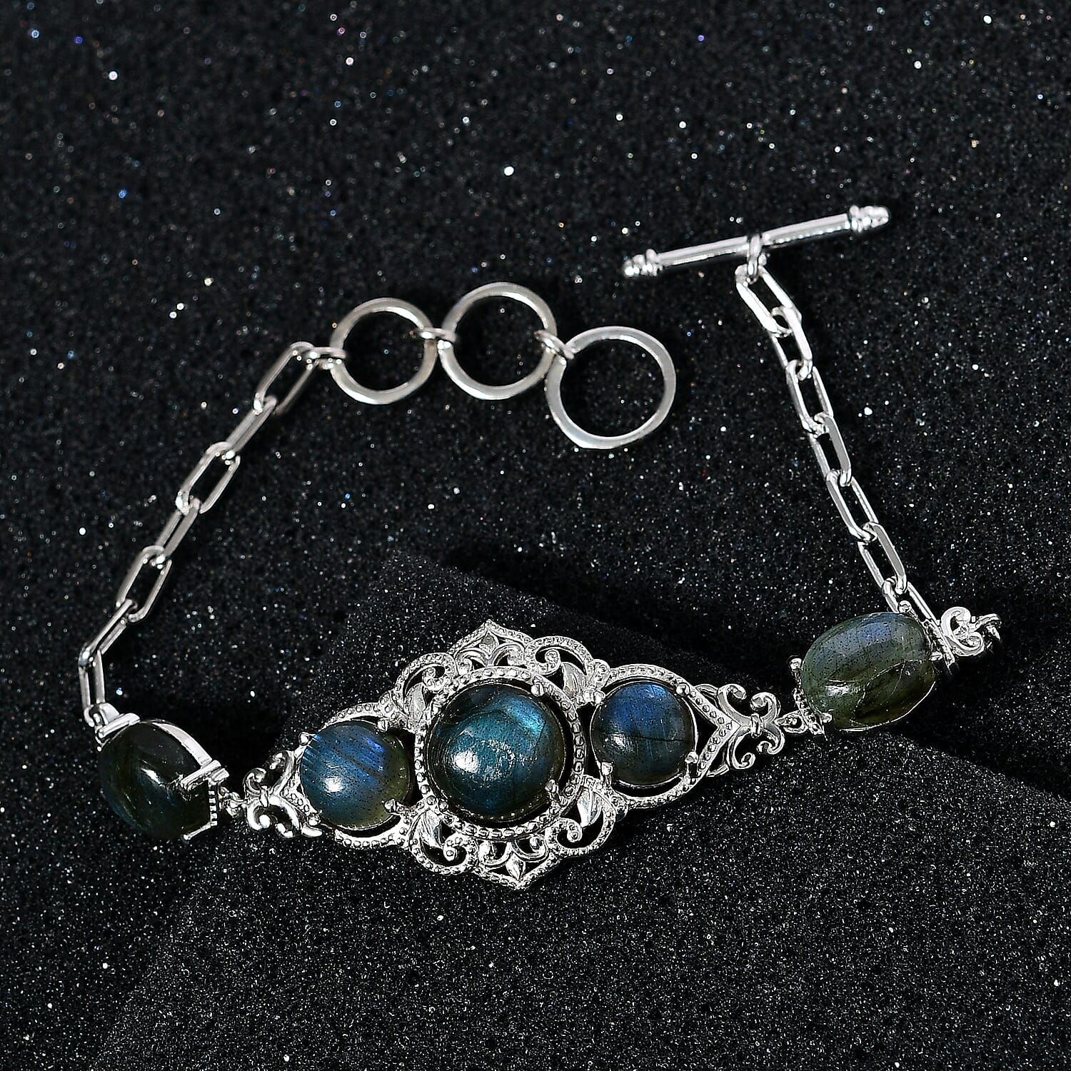 Karis Malagasy Labradorite Toggle Clasp Bracelet in Platinum Bond and Stainless Steel (6.50 In) 13.40 ctw