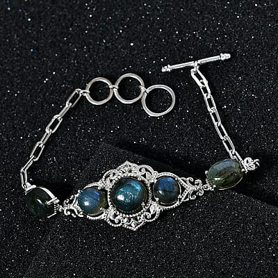 Karis Malagasy Labradorite Toggle Clasp Bracelet in Platinum Bond and Stainless Steel (6.50 In) 13.40 ctw