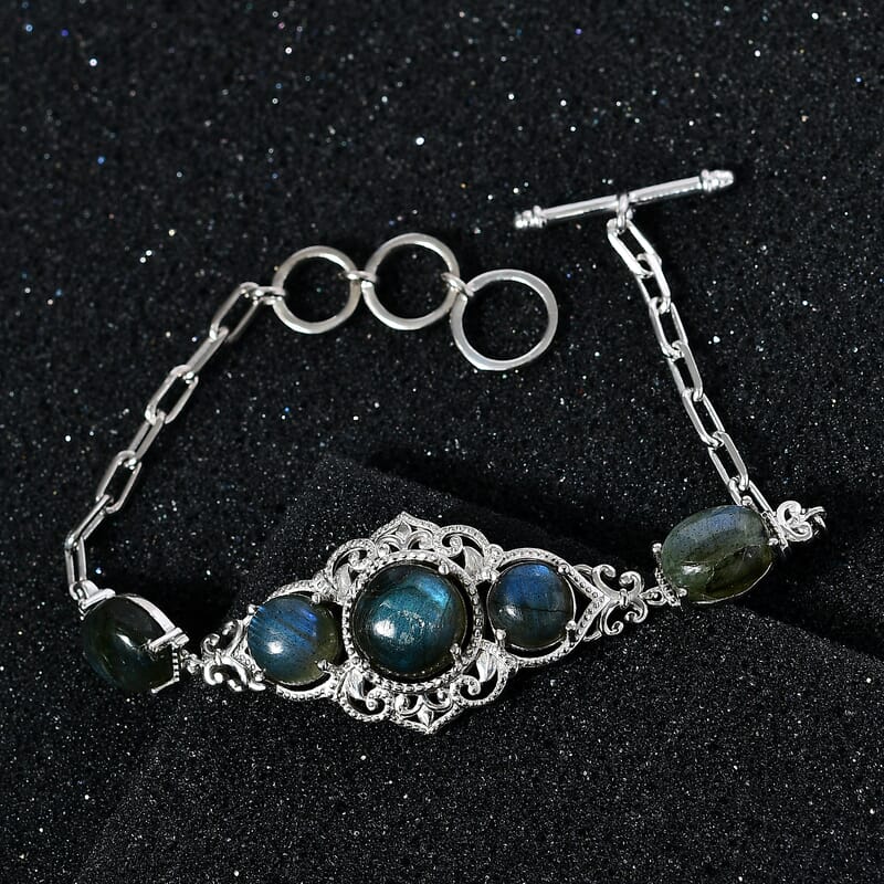 Karis Malagasy Labradorite Toggle Clasp Bracelet in Platinum Bond and Stainless Steel (6.50 In) 13.40 ctw