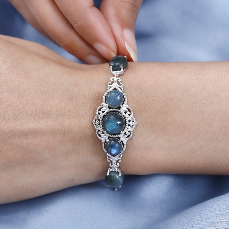Karis Malagasy Labradorite Toggle Clasp Bracelet in Platinum Bond and Stainless Steel (6.50 In) 13.40 ctw