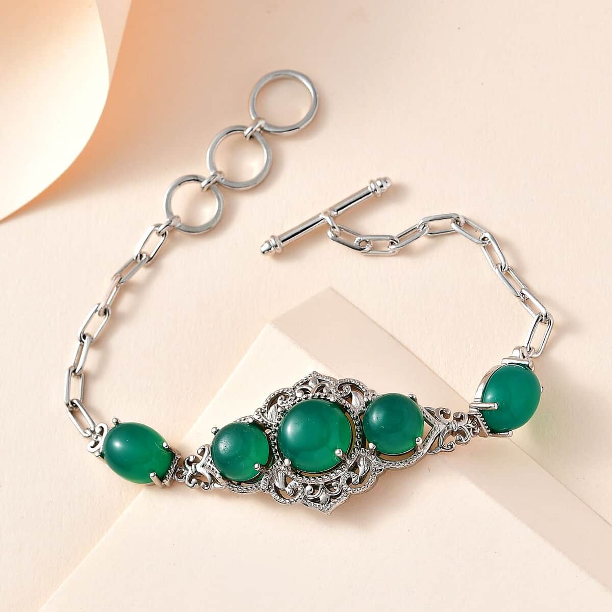 Karis Green Onyx Toggle Clasp 16.65 ctw Bracelet in Platinum Bond and Stainless Steel (6.50 In) image number 1