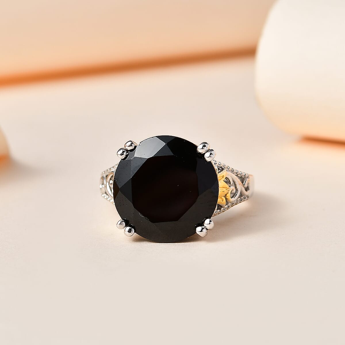 Karis Thai Black Spinel Solitaire Ring in 18K YG Plated and Platinum Bond (Size 5.0) 12.25 ctw image number 1