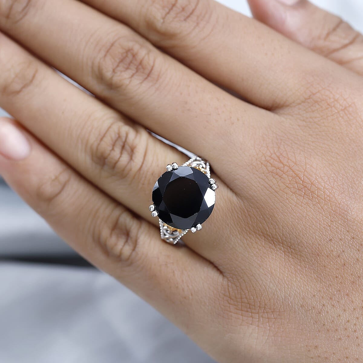 Karis Thai Black Spinel Solitaire Ring in 18K YG Plated and Platinum Bond (Size 5.0) 12.25 ctw image number 2