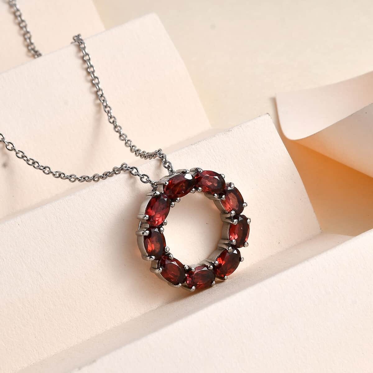 Mozambique Garnet Circle Necklace 18 Inches in Stainless Steel 4.25 ctw image number 1