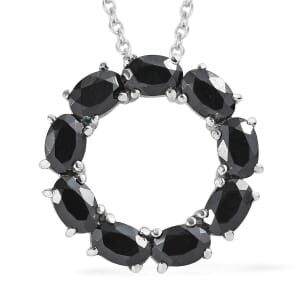 Thai Black Spinel Circle Necklace 18 Inches in Stainless Steel 4.40 ctw