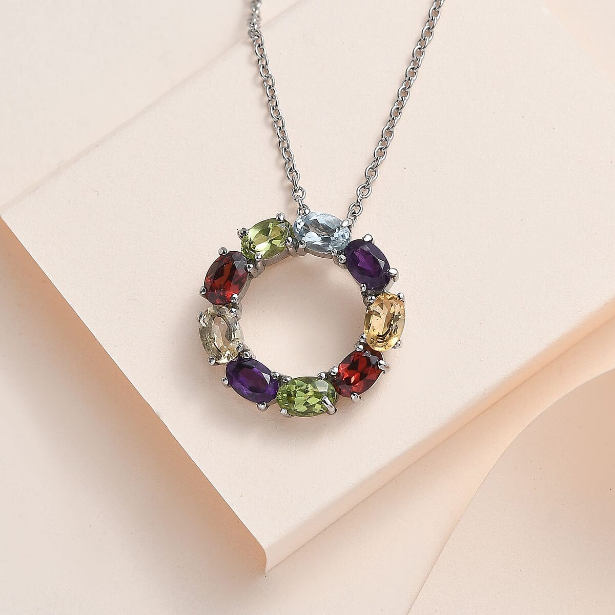 Multi Gemstone Circle Necklace 18 Inches in Stainless Steel 4.20 ctw image number 1