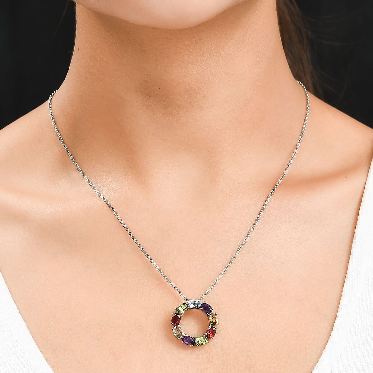 Multi Gemstone Circle Necklace 18 Inches in Stainless Steel 4.20 ctw image number 2