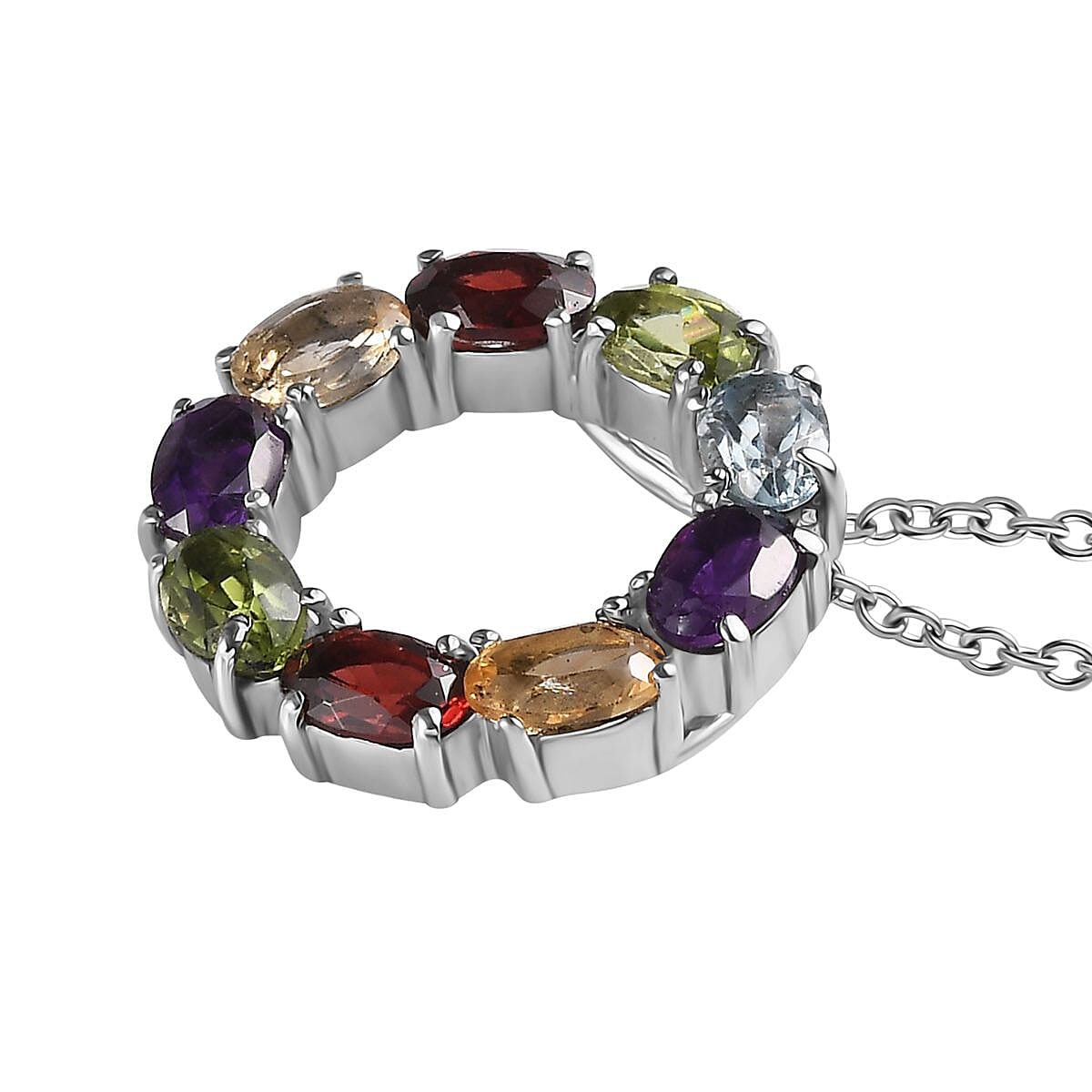 Multi Gemstone Circle Necklace 18 Inches in Stainless Steel 4.20 ctw image number 3