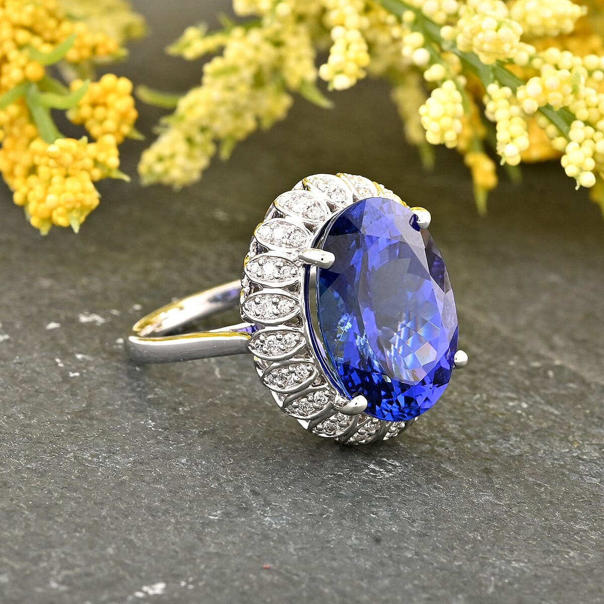Certified and Appraised Rhapsody 950 Platinum AAAA Tanzanite and E-F VS Diamond Halo Ring (Size 7.0) 9.80 Grams 10.00 ctw image number 1