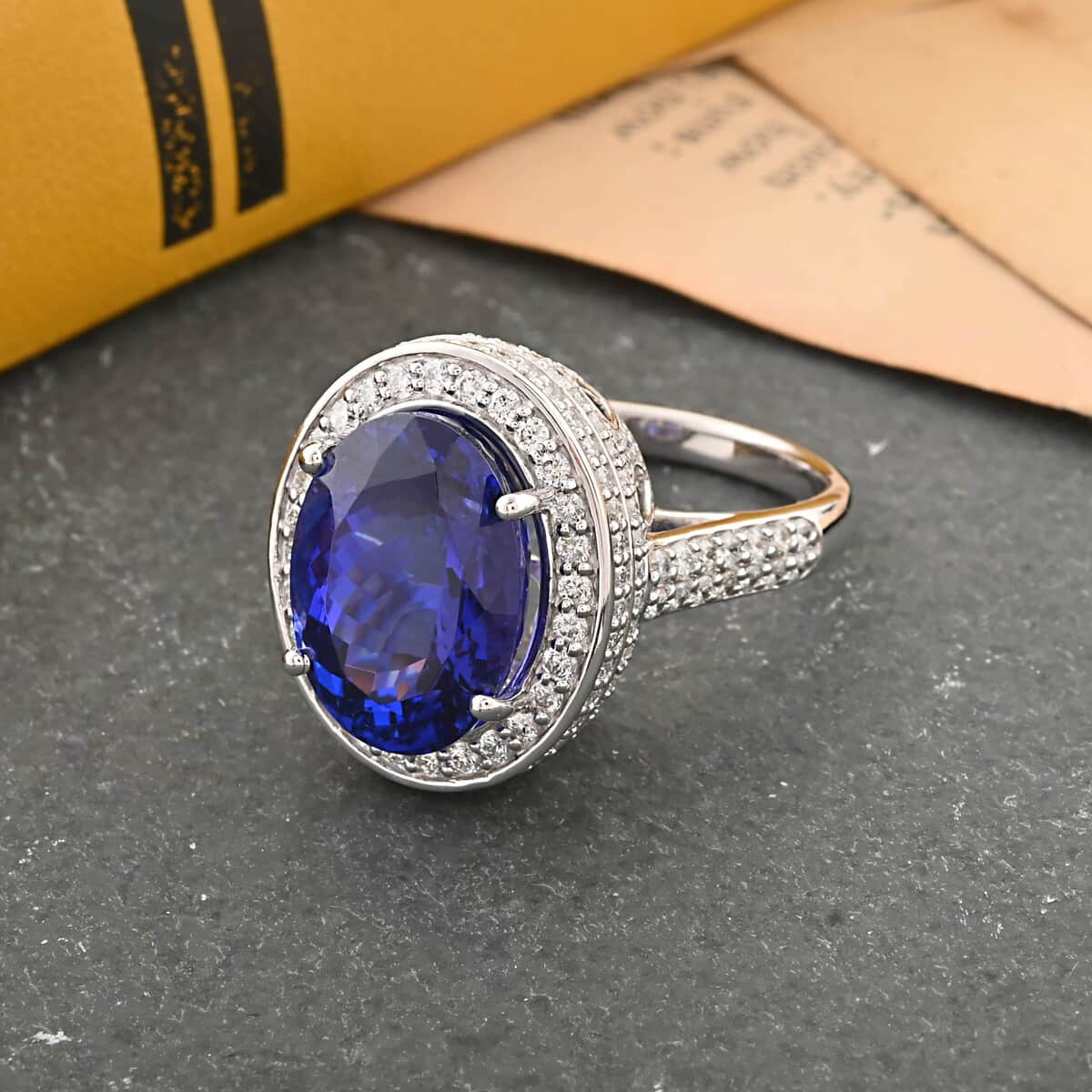 Certified and Appraised Rhapsody 950 Platinum AAAA Tanzanite and E-F VS Diamond Halo Ring (Size 10.0) 12.45 Grams 11.30 ctw image number 1