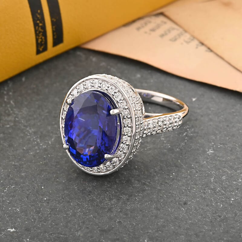 Certified and Appraised Rhapsody 950 Platinum AAAA Tanzanite and E-F VS Diamond Halo Ring (Size 10.0) 12.45 Grams 11.30 ctw