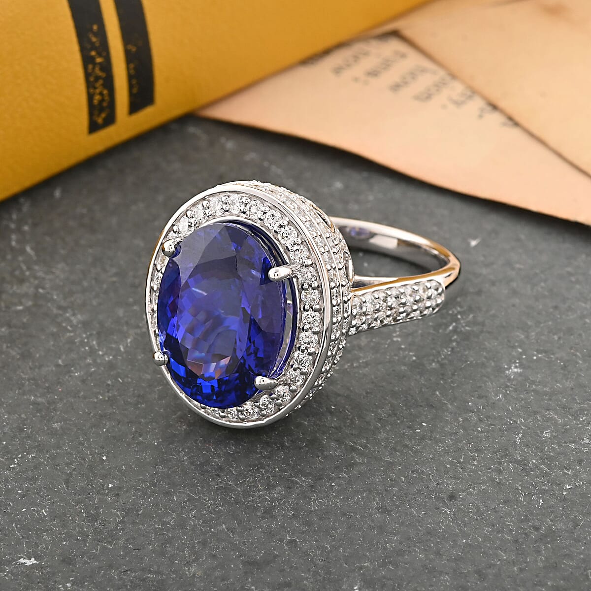 Certified and Appraised Rhapsody 950 Platinum AAAA Tanzanite and E-F VS Diamond Halo Ring (Size 6.0) 12.45 Grams 11.30 ctw image number 1