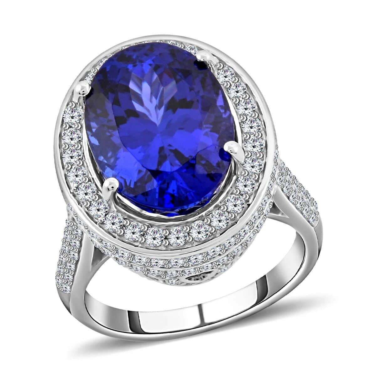 Certified and Appraised Rhapsody 950 Platinum AAAA Tanzanite and E-F VS Diamond Halo Ring (Size 7.0) 12.45 Grams 11.30 ctw image number 0