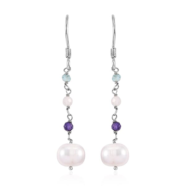 Freshwater Pearl and Multi Gemstone Earrings in Sterling Silver 1.35 ctw
