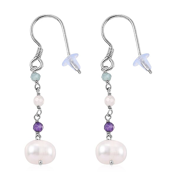 Freshwater Pearl and Multi Gemstone Earrings in Sterling Silver 1.35 ctw