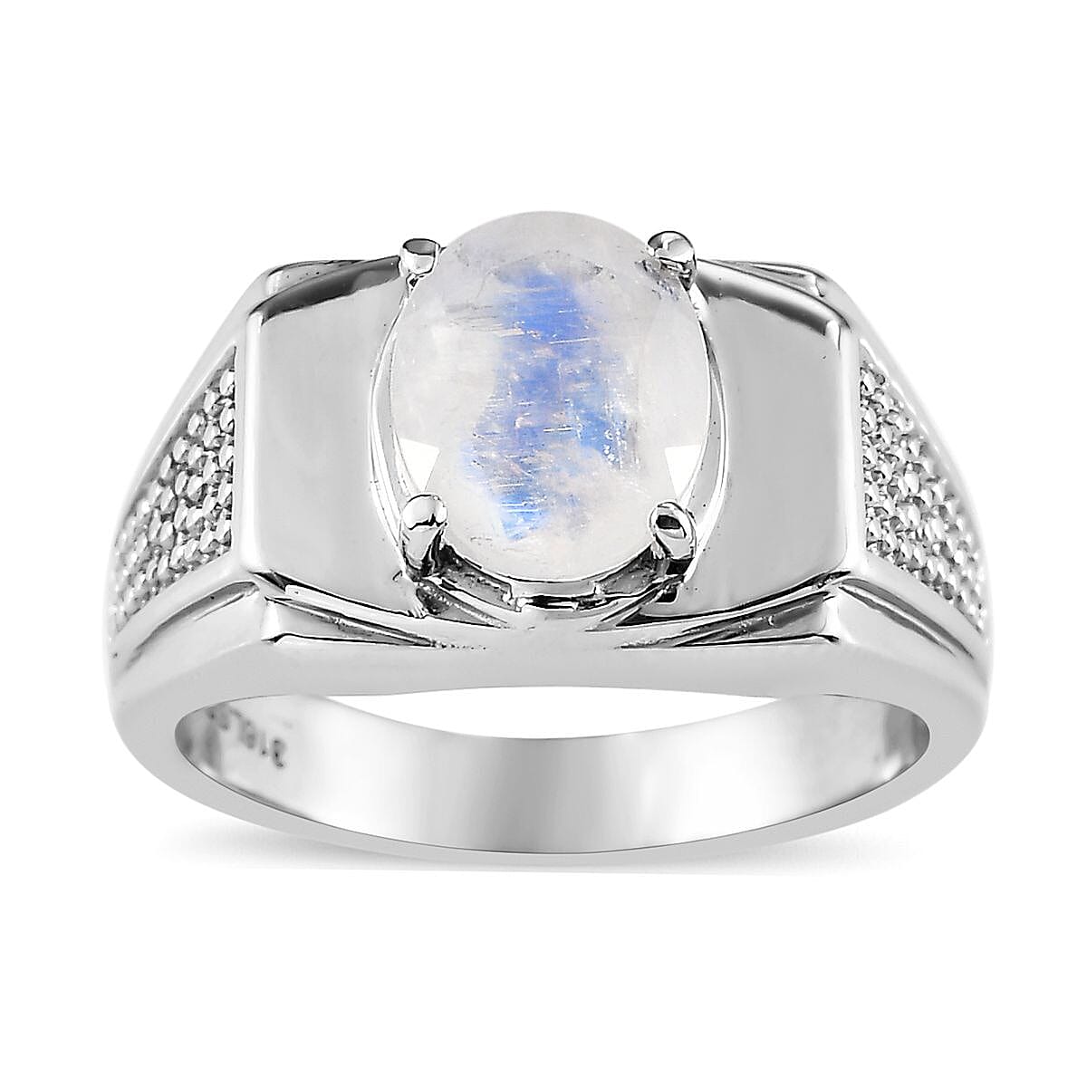 Premium Rainbow Moonstone Men's Ring in Stainless Steel (Size 10.0) 2.40 ctw