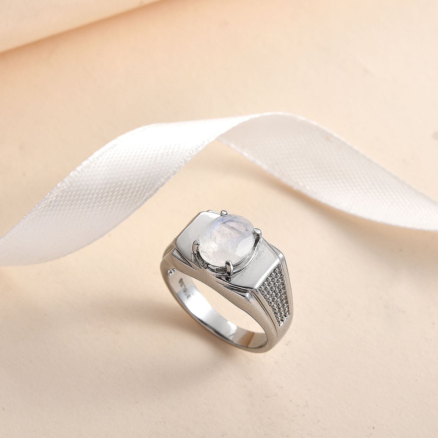 Premium Rainbow Moonstone Men's Ring in Stainless Steel (Size 10.0) 2.40 ctw