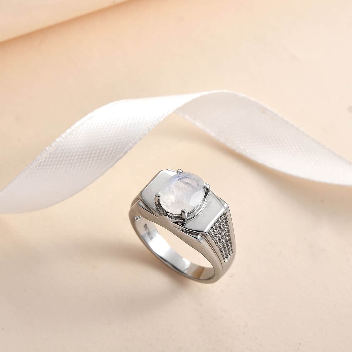 Premium Rainbow Moonstone Men's Ring in Stainless Steel (Size 10.0) 2.40 ctw image number 1