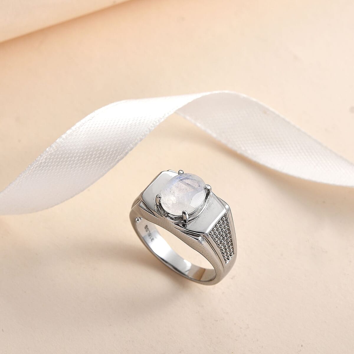 Premium Rainbow Moonstone Men's Ring in Stainless Steel (Size 12.0) 2.40 ctw image number 1