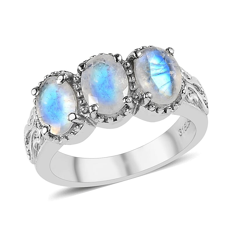 Premium Rainbow Moonstone 3 Stone Ring in Stainless Steel (Size 10.0) 2.25 ctw