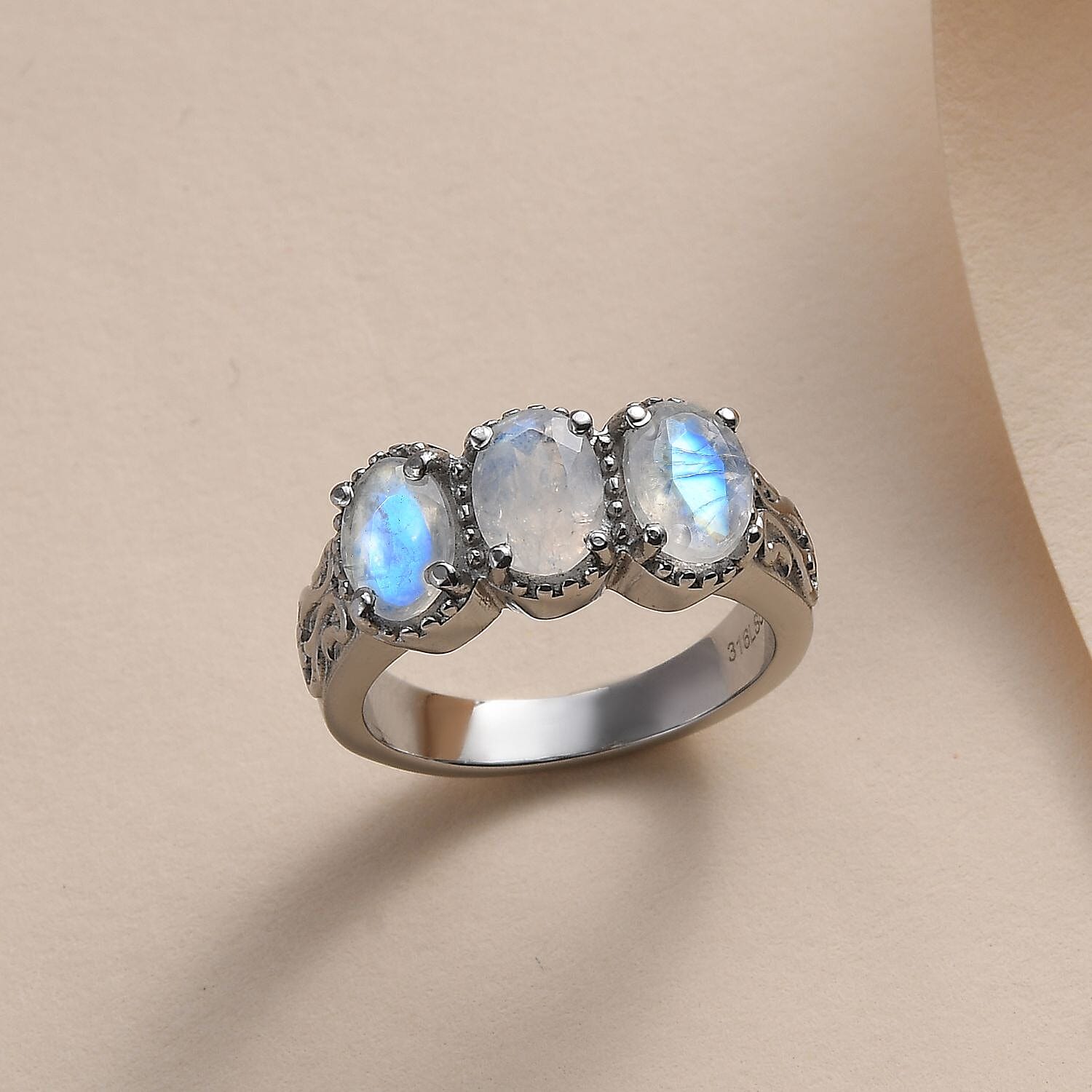 Premium Rainbow Moonstone 3 Stone Ring in Stainless Steel (Size 10.0) 2.25 ctw
