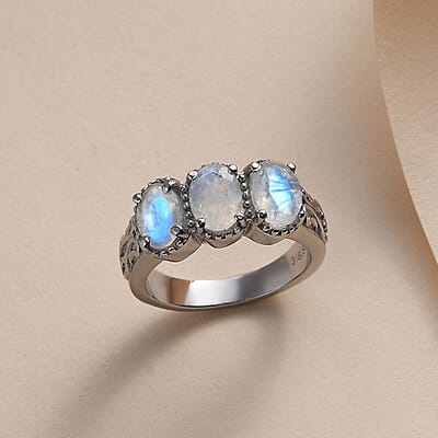 Premium Rainbow Moonstone 3 Stone Ring in Stainless Steel (Size 10.0) 2.25 ctw