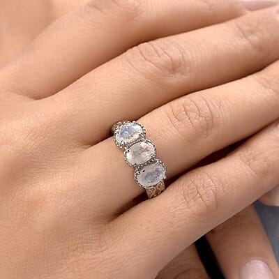 Premium Rainbow Moonstone 3 Stone Ring in Stainless Steel (Size 10.0) 2.25 ctw