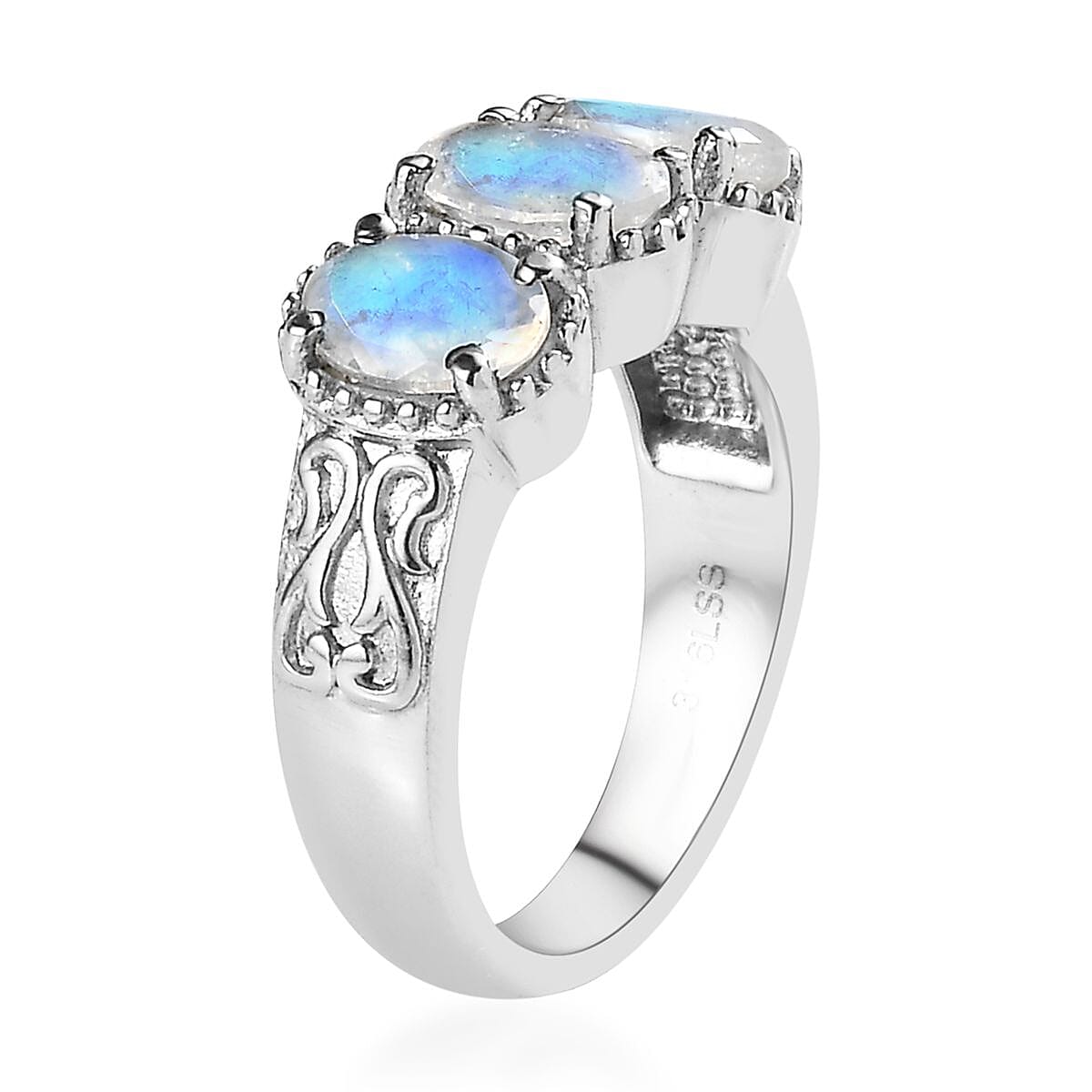 Premium Rainbow Moonstone 3 Stone Ring in Stainless Steel (Size 10.0) 2.25 ctw