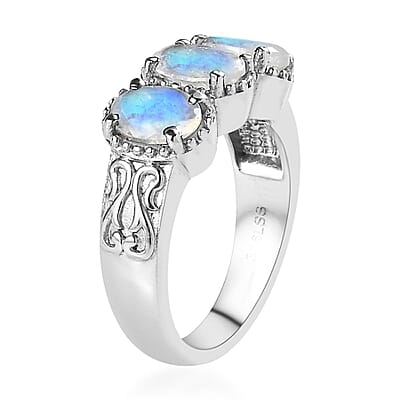 Premium Rainbow Moonstone 3 Stone Ring in Stainless Steel (Size 10.0) 2.25 ctw