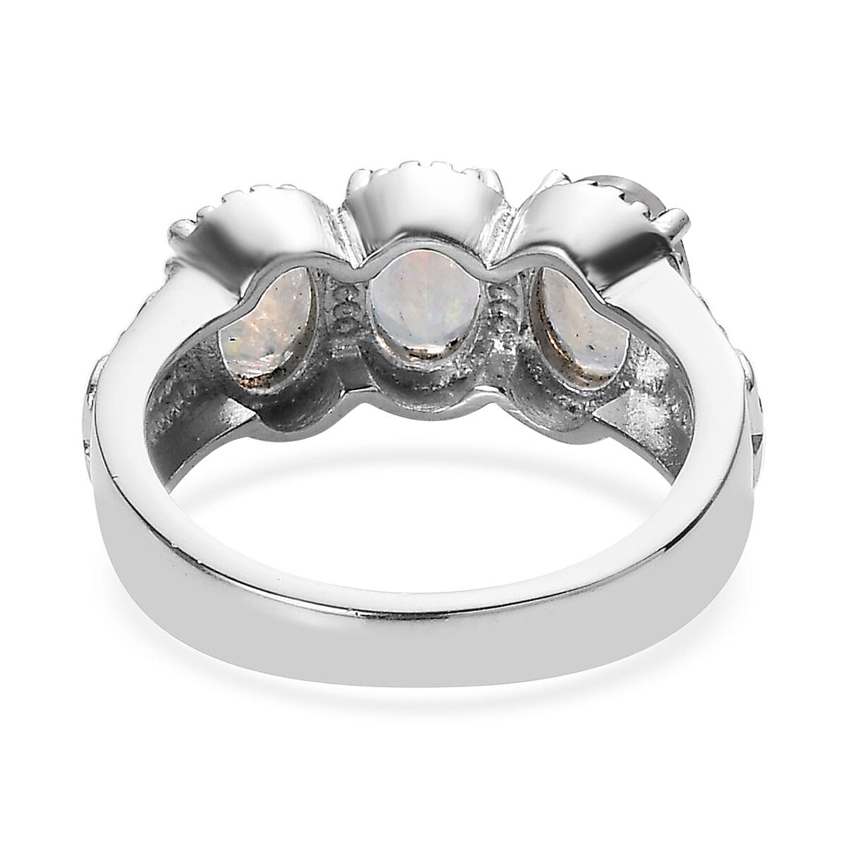 Premium Rainbow Moonstone 3 Stone Ring in Stainless Steel (Size 10.0) 2.25 ctw