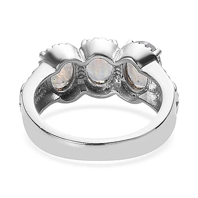 Premium Rainbow Moonstone 3 Stone Ring in Stainless Steel (Size 10.0) 2.25 ctw