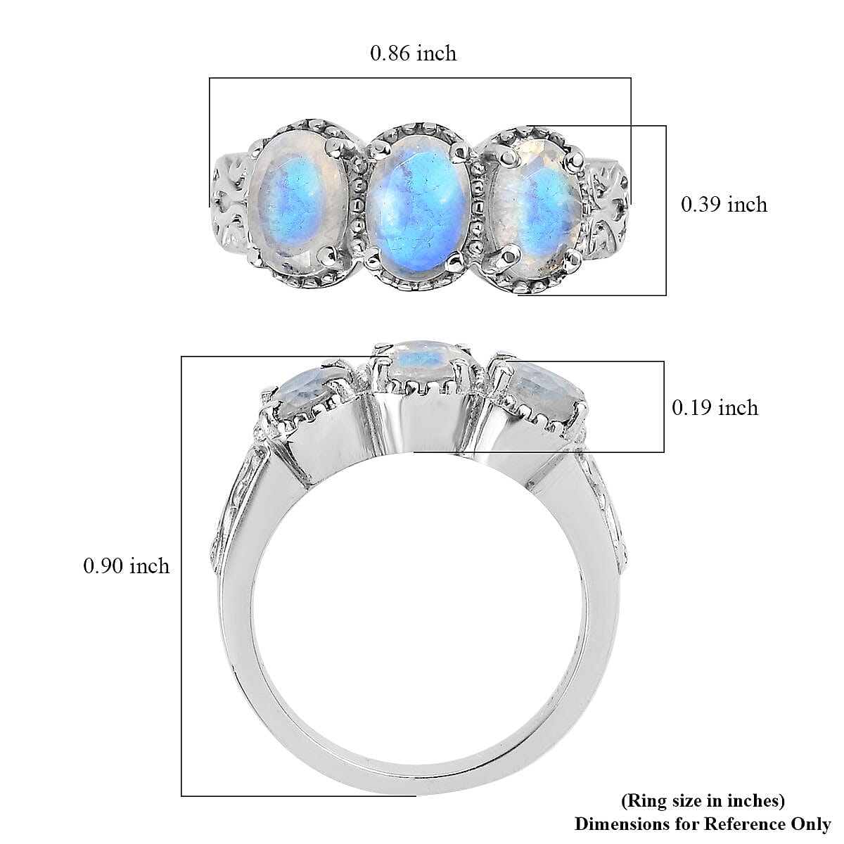 Premium Rainbow Moonstone 3 Stone Ring in Stainless Steel (Size 10.0) 2.25 ctw