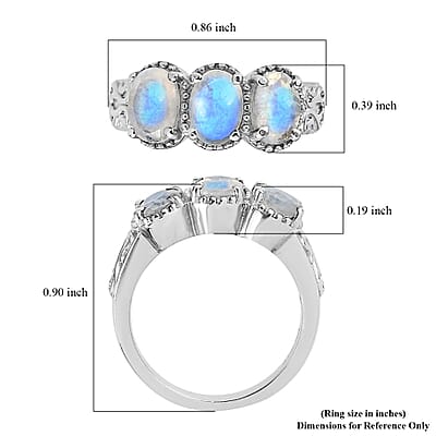 Premium Rainbow Moonstone 3 Stone Ring in Stainless Steel (Size 10.0) 2.25 ctw