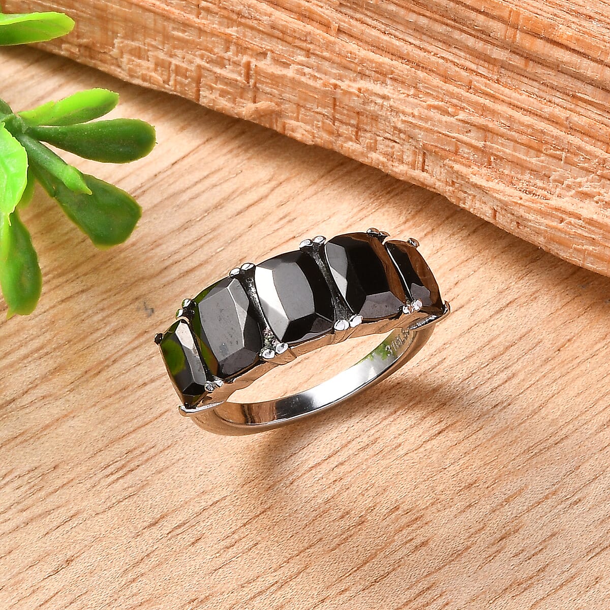 Silver Shungite 2.00 ctw 5 Stone Ring in Stainless Steel (Size 5.0) image number 1