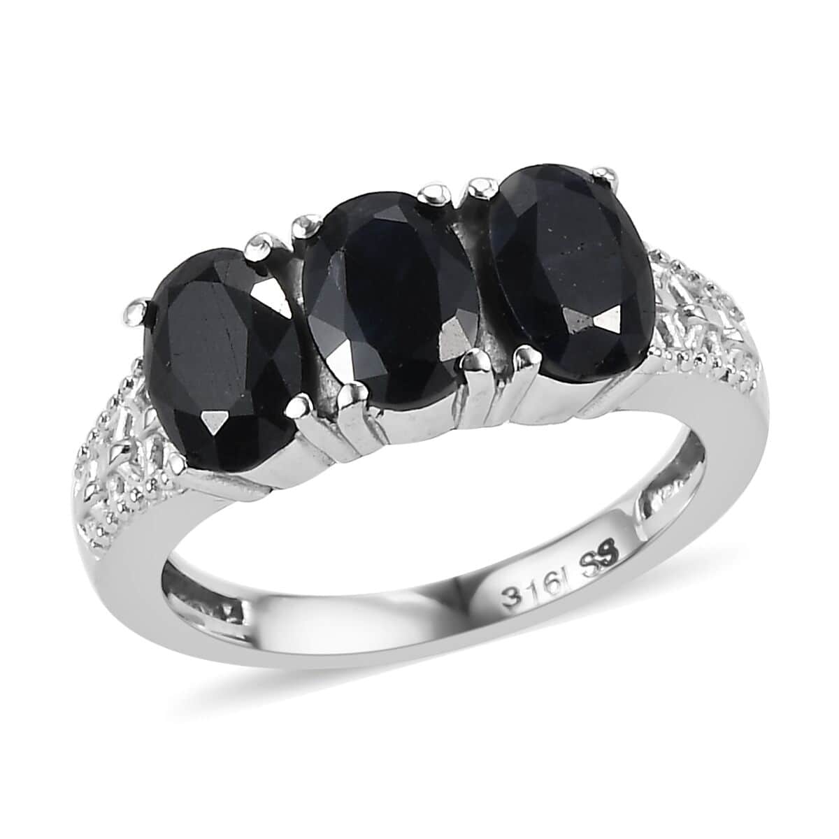 Midnight Sapphire 3 Stone Ring in Stainless Steel (Size 10.0) 3.20 ctw image number 0