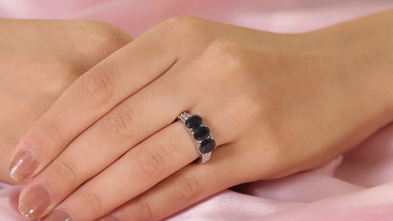 Midnight Sapphire 3 Stone Ring in Stainless Steel (Size 10.0) 3.20 ctw