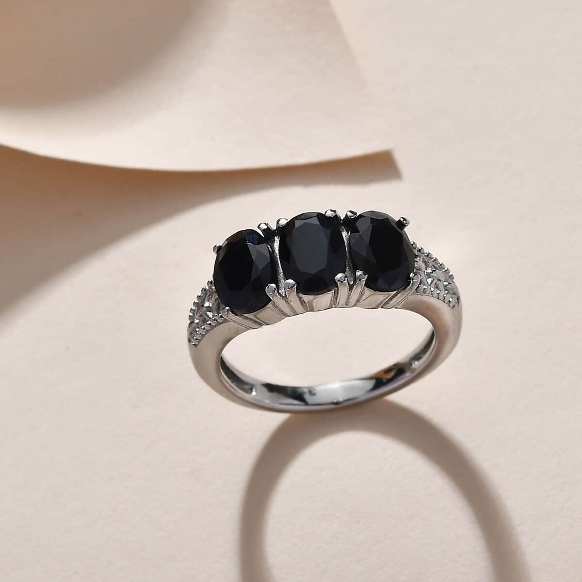 Midnight Sapphire 3 Stone Ring in Stainless Steel (Size 10.0) 3.20 ctw image number 1