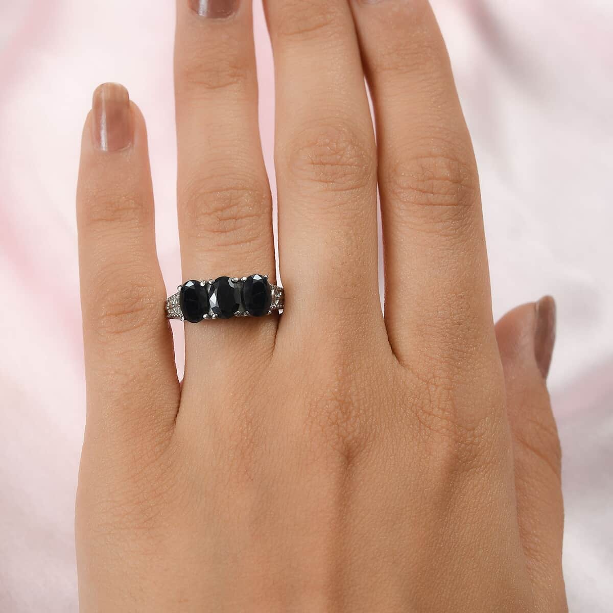 Midnight Sapphire 3 Stone Ring in Stainless Steel (Size 10.0) 3.20 ctw image number 2