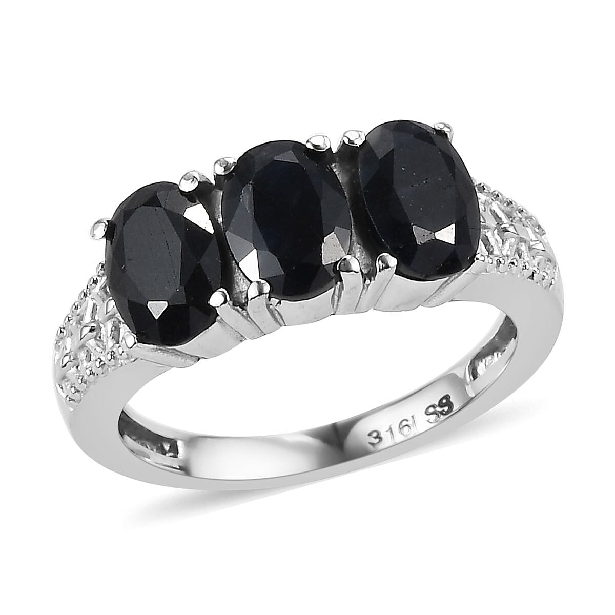 Midnight Sapphire 3 Stone Ring in Stainless Steel (Size 5.0) 3.20 ctw image number 0