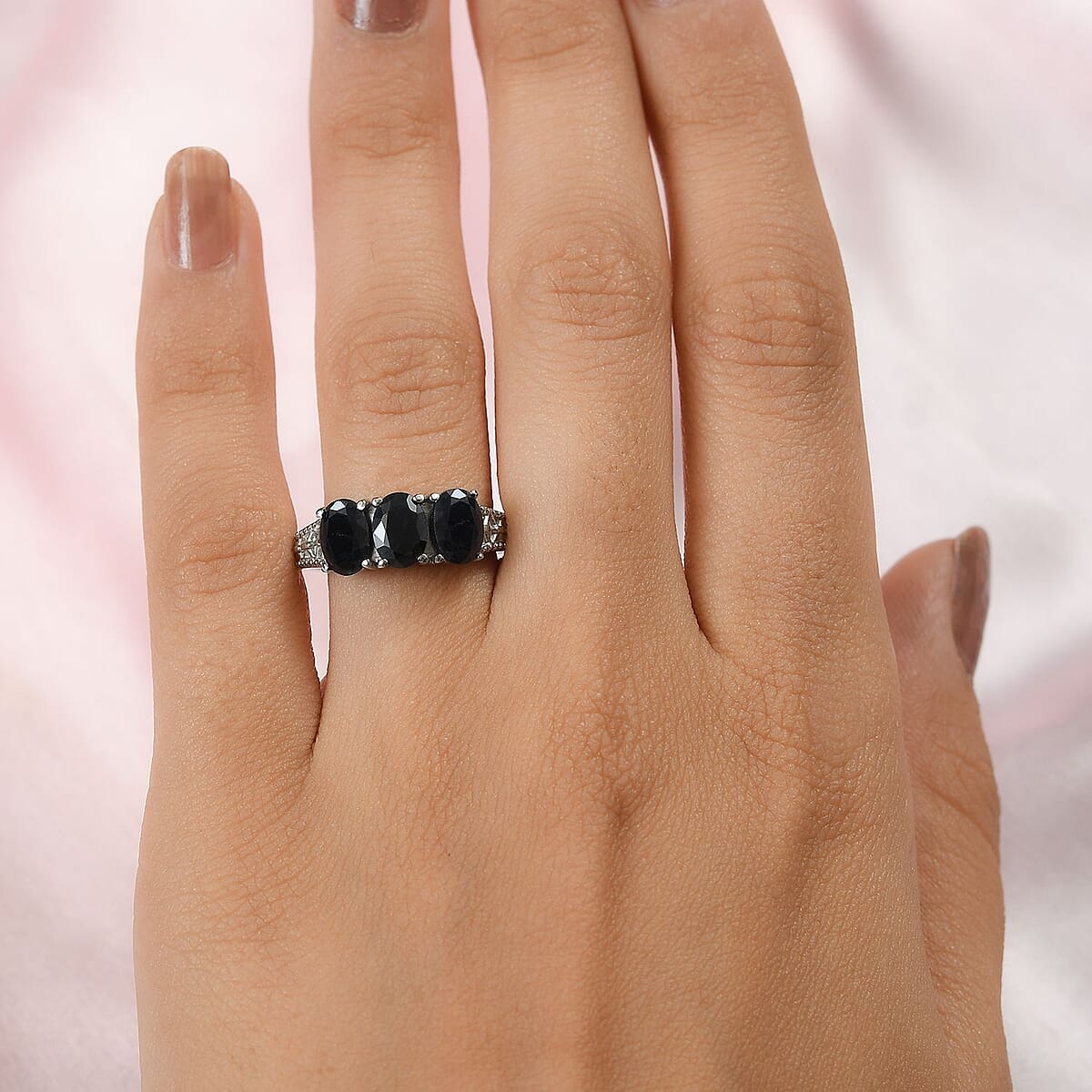 Midnight Sapphire 3 Stone Ring in Stainless Steel (Size 6.0) 3.20 ctw image number 2