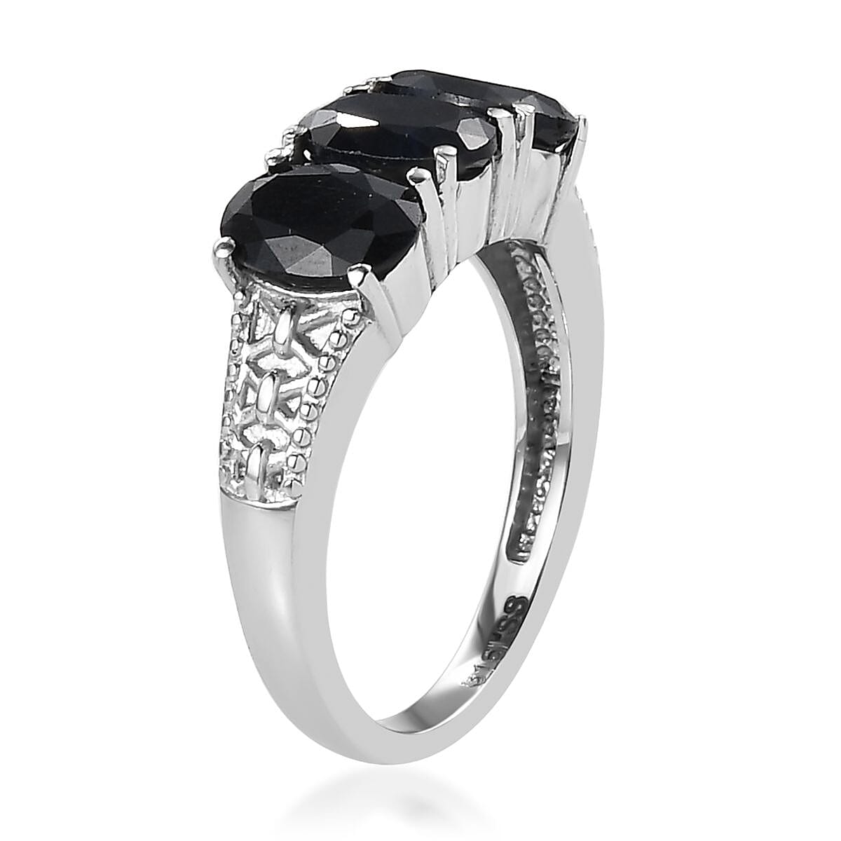 Midnight Sapphire 3 Stone Ring in Stainless Steel (Size 6.0) 3.20 ctw image number 3